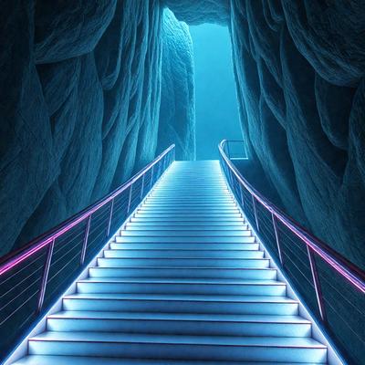 The primary subject of the image is a staircase that leads to a cave. The staircase is illuminated by a blue light, giving it a unique and captivating appearance. The setting is a cave, with the staircase leading to a tunnel or a cavern. The visual style of the image is a combination of photo and digital art, creating a surreal and intriguing atmosphere. The dominant colors are blue and black, with the blue light illuminating the staircase and the black background of the cave. The overall mood of the image is mysterious and enchanting, inviting the viewer to explore the cave and the staircase that leads to it.